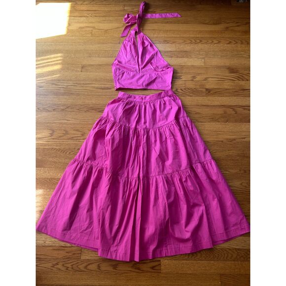 STAUD Women's Sea Skirt Peony Pink Poplin Smocked Kai Top Size 6 - Picture 2 of 7